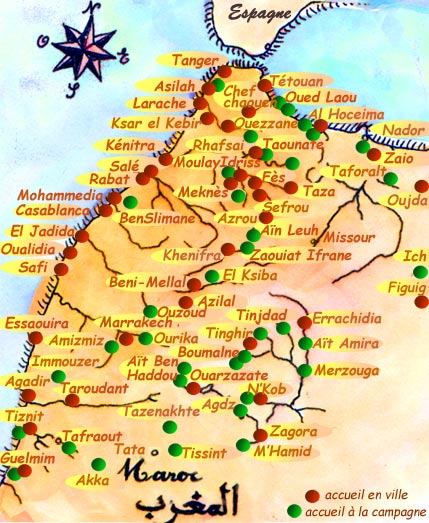 carte du Maroc avec les lieux d'accueil et les sites à visiter
